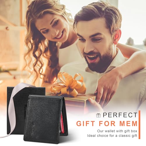 Travelambo Genuine Leather Wallet for Men with Gift Box - Handmade Bifold Stylish - Mens Wallets Rfid Blocking with 2 ID Windows - color: Cross Texture Black
