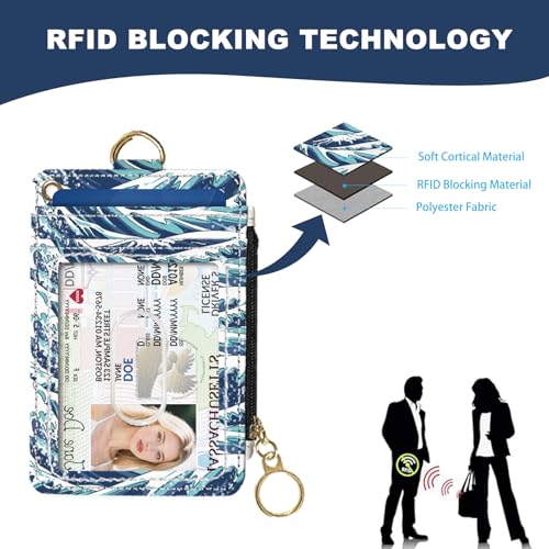 Slim Wallet Credit Card Holder, Cat and Dinosaur, RFID Wallet Women Cute Small Front Pocket Wallet With Zipper, PU Leather Thin travel RFID Blocking Card Case ID Window ,Ladies Gifts - color: Cat and Dinosaur