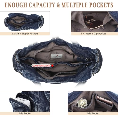 Angel Kiss Hobo Bags for Women Vegan Leather Shoulder Purses and Handbags Ladies Roomy Tote Bags Purse with Crossbody Strap - color: Denim Blue