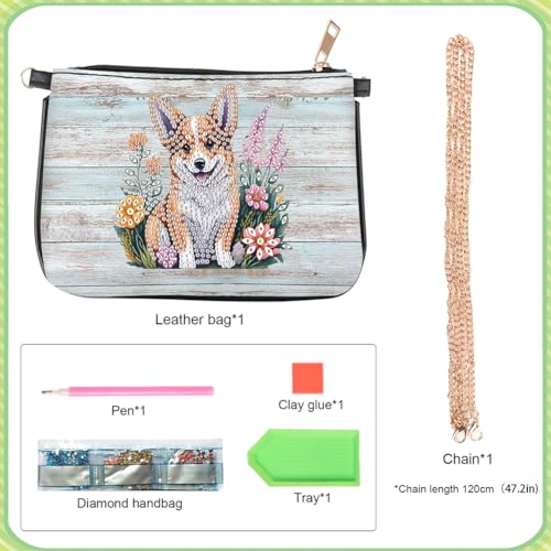 POETRYDRAW 5D DIY Diamond Art Purses Diamond Art Kits for Adults, Flower Puppy Shoulder Makeup Bag Chain Leather Clutch Purse, Holiday Birthday