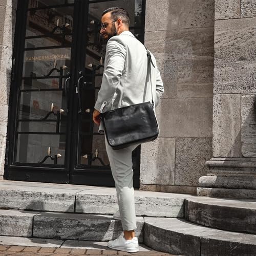 Time Resistance Leather Messenger Bag for Men, Handmade Crossbody Bag, Shoulder Bag Made in Italy - color: Black