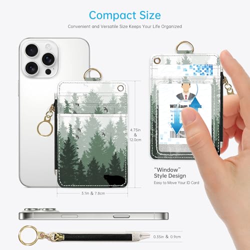 2-in-1 ID Badge Holder & Lanyard Wallet，Cute Zippered Pouch Forest | for Teachers,Nurse,Professionals，Removable Wristlet & Neck Lanyard,5 Card Slots Stylish Work Essential - color: Forest
