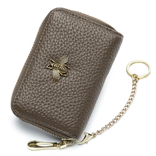 imeetu RFID Credit Card Holder, Small Card Wallet Women, Leather Card Case | Genuine Leather Women's Card & id Cases, Change Coin Purse with Zipper Keychain id Window, 20 Colors & 3 Styles, Daily, Gifts - color: Pro - Taupe Grey, size: Pro