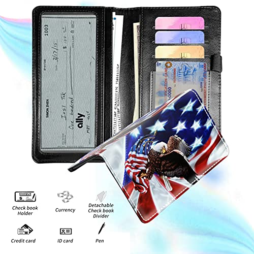 Check Book Cover for Personal Checkbook, Dikoe Premium Leather Checkbook Cover Plastic Insert Flap Card Holder Pen Hoop Holder with RFID Blocking Slim Wallet for Women Men, Eagle on American Flag - color: Eagle on American Flag