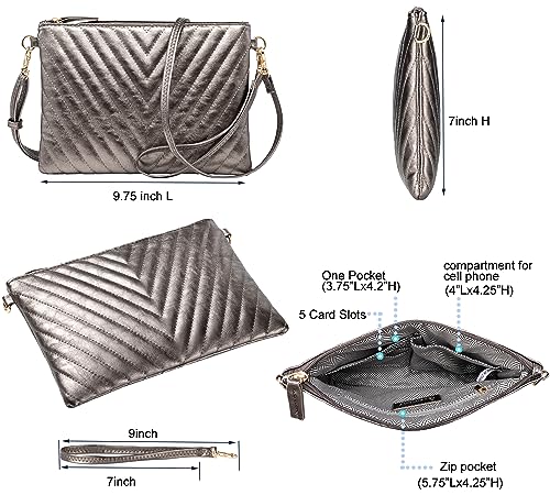 B BRENTANO Chevron Embroidered Crossbody Clutch Bag Pouch with Removable Wristlet & Adjustable Shoulder Strap - color: Pewter