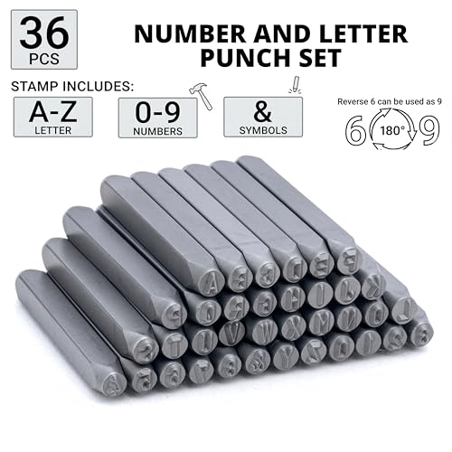 NEIKO 02631A Number and Letter Punch Set with Heat-Treated Steel Punches, Imprinting & Arts and Crafts, 1/8" (3 MM) Shaft, 36 Pc Stamp Set, Uppercase Letter & Number Punch Set (A-Z / 0-8 / "&") - size: 3mm - 1/8"