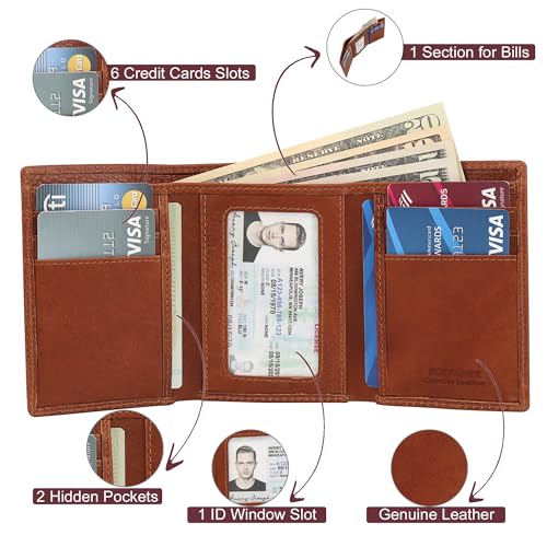 Genuine Leather Mens Trifold Wallet RFID Blocking with 6 Credit Card Slots 1 ID Window Section for Bills 2 Hidden Pockets | Tan - color: Tan, size: 6 Card + 1 ID