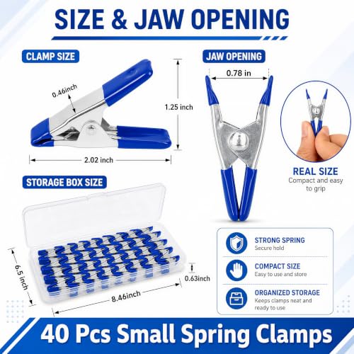40 Pcs Small Spring Clamps, 2 Inch Blue Metal Clip for Crafts | Heavy Duty Woodworking Fastener, Photography Muslin Backdrop Holder, 0.78 Inch Maximum Opening - color: Blue