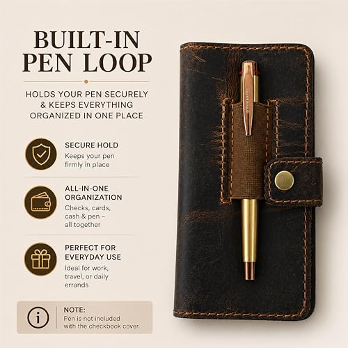 Genuine Brown Leather Checkbook Cover with Divider - Slim Bifold Check Book Wallet for Men & Women, Secure Snap Closure, Fits Standard US Checkbooks 3.5 x 7 Inch - color: Brown Leather Checkbook Cover