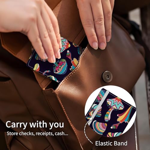 Checkbook Cover for Personal Checkbook, Cute PU Leather Check Book for Women & Men, Slim Checkbook Holder with Pen Holder and Built-in Clear Plastic Divider Cartoon Mushroom - color: Cartoon Mushroom