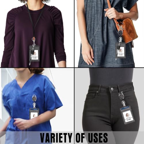 Retractable ID Badge Holder with Lanyard, Belt Clip Key Ring, Pen Holder - color: Black