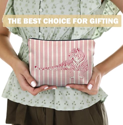 Pink Tiger Makeup Bag for Women,Gifts for Tiger Lovers - Cosmetic Bags,Small Trendy Aethetic Animal Lovers Gift Zipper Makeup Bag Pouches for Purse - color: Pink Tiger