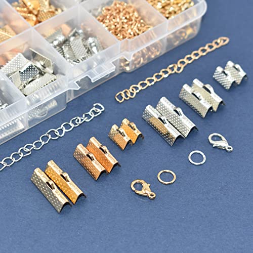 373Pcs Ribbon Bracelet Kit for Jewelry Making Ribbon End Crimps Lobster Clasps Awith Jump Rings and Chain Extenders for DIY Making Bookmark Pinch Bracelet Choker Necklace (Gold and Silver)