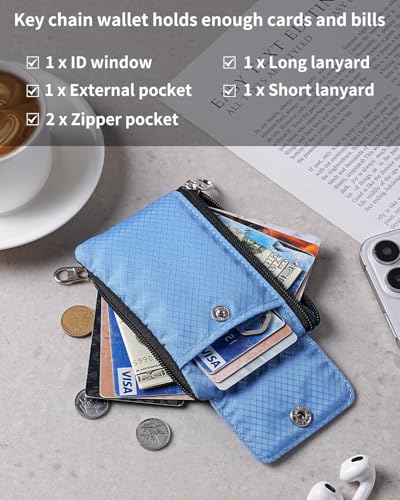 Artpaxy Minimalist Wallet For Mens Womens, Keychain RFID Blocking Zipper Small Wallet with ID Window 2 Lanyards,Water Resistant Travel Cash Card Coin Case Boys Girls - color: Powder blue