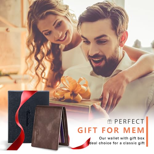 Travelambo Genuine Leather Wallet for Men with Gift Box - Handmade Bifold Stylish - Mens Wallets Rfid Blocking with 2 ID Windows - color: Pearlescent Brown