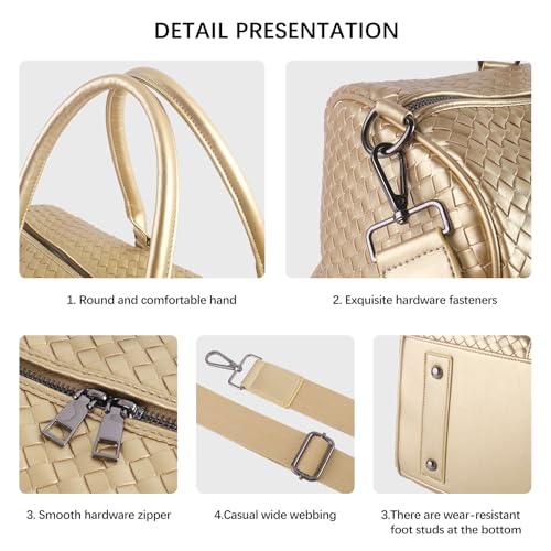 Weekender Bags for Women Woven Leather Travel Duffle Bag Gym Tote (Gold) | Carry On Bag for Men with Shoe Compartment Dry and Wet Separation - color: Gold