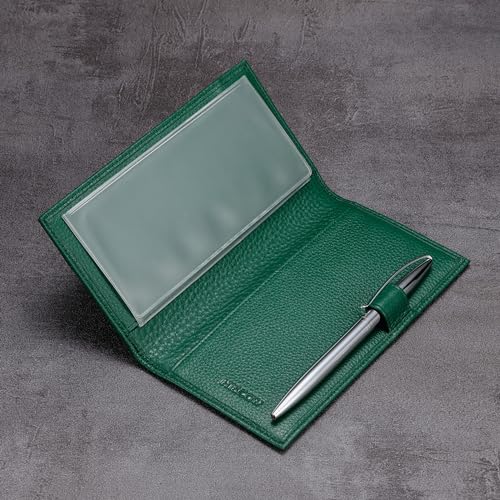 HISCOW Leather Checkbook Cover for Duplicate Checks with Pen Holder - color: Pebbled Green