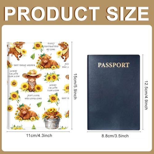 PU Leather Passport Holder Cover 5.9×4.3 Inch with Credit Card Slot Boarding Pass Slot Combo Blocking Passport Holder Wallet Cover Case for Travel Boarding Essentials(Sunflower Cow) - color: Sunflower Highland Cow