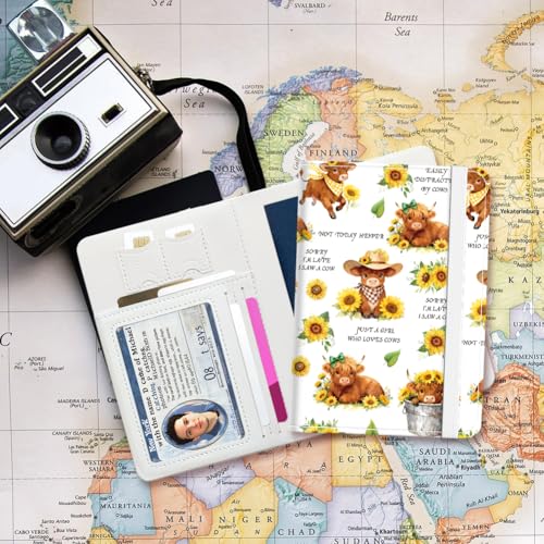 PU Leather Passport Holder Cover 5.9×4.3 Inch with Credit Card Slot Boarding Pass Slot Combo Blocking Passport Holder Wallet Cover Case for Travel Boarding Essentials(Sunflower Cow) - color: Sunflower Highland Cow
