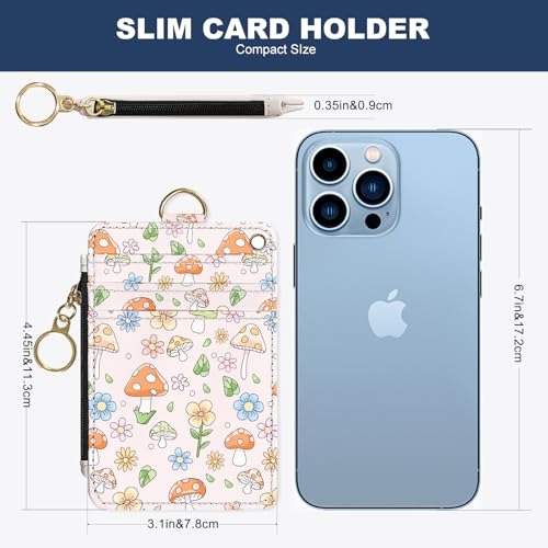 Slim Wallet Credit Card Holder, Mushrooms And Flowers, RFID Wallet Women Cute Small Front Pocket Wallet With Zipper, PU Leather Thin travel RFID Blocking Card Case ID Window,Ladies Gifts - color: Mushrooms And Flowers
