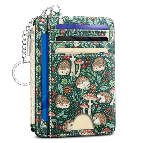 Kelvoris Credit Card Holder Small Wallet Women, Slim RFID, Cute Hedgehog | Keychain, Zipper Coin Pocket, Front Pocket Thin Travel Card Case, Minimalist, 6 Card Slots, 1 ID Window, Ladies Gifts Woman - color: Hedgehog