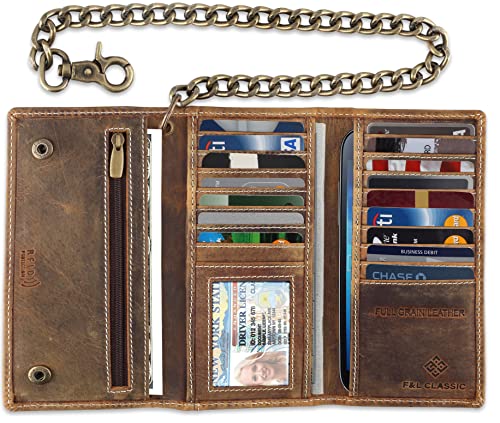 F&L CLASSIC RFID Blocking Mens Tri-fold Long Style Cowhide Leather Steel Chain Wallet,buffalo wax vintage leather,212 wax brown W/white stitching - color: buffalo wax vintage leather W/ white stitching