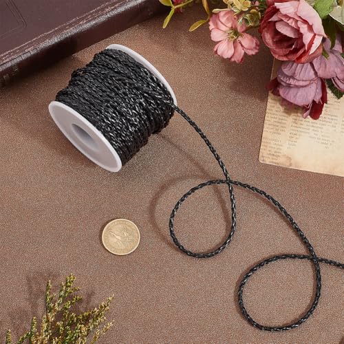 20.78 Yard Braided Leather Cord 3MM Black Round Woven PU Leather Folded Bolo Tie String Lace Cording Rope Braiding Strip Threadfor Jewelry Making Crafts Necklace Bracelets Beading - color: Black