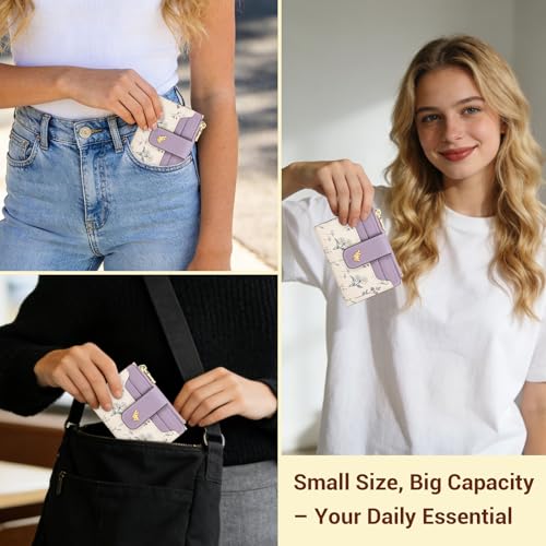 YINHEXI Women’s Wallet, Compact and Small Bifold PU Leather Card Holder, Mini Purse with Coin Pocket for Ladies, Girls (Floral Lavender) - color: Floral Lavender