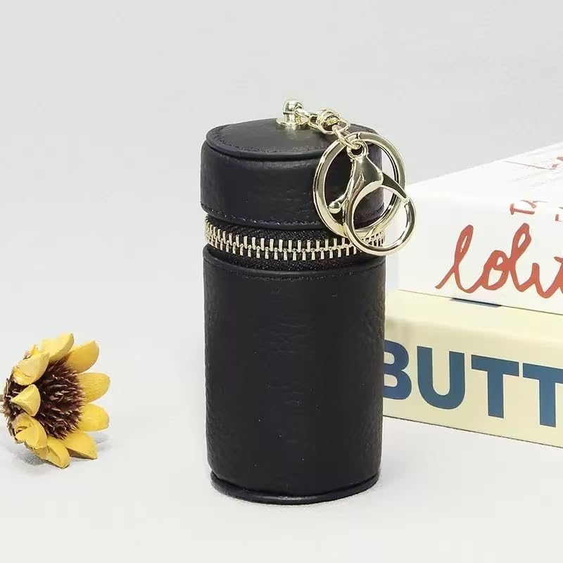 1 PCS Genuine Leather Cylinder Keychain for Women, Black Mini Lipstick Pouch & Car Key Holder, Fashionable Small Wallet for Coins, Chic Purse Accessory Gift