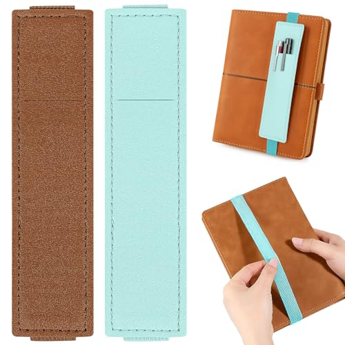 2 Pack Pen Holder for Notebook & Bible Pen Holder Elastic Pen Sleeve | Elastic Sleeve, 18cm (7.09in)-21cm (8.27in), PU Leather for Notebooks, Planners, Journals & Bibles, Brown Light Blue - color: Brown Light Blue