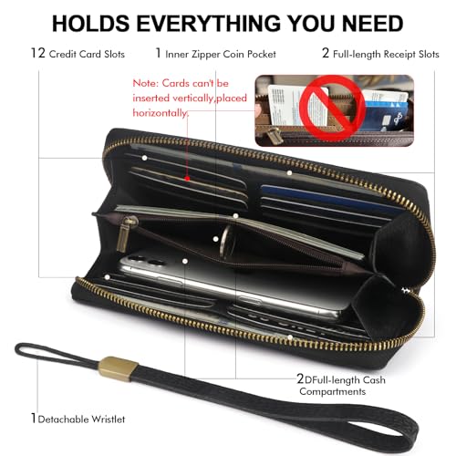 Leather Wallet Women With Embossed Flowers,RFID Blocking Wristlet | Large Capacity With 12 Credit Card Slots,Zip Coin Pocket,Cash Pocket,Detachable Wristlet,Daily Shopping Travel Wallet Black - color: a3-black