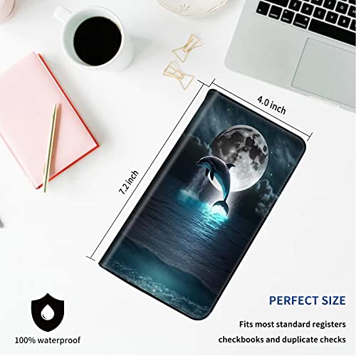 DEGDFSGR Checkbook Cover - Premium Leather Standard Duplicate Register Check Card Book Holder Wallet with RFID Blocking Function for Girl Men Women,Dolphin Moon Night - color: Dolphin Moon Night