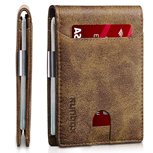 RUNBOX Slim Wallet for Men - RFID Blocking Leather Bifold with Money Clip | Minimalist Front Pocket Wallet Holds 11 Cards,Slim Thin Design,RFID Blocking Protection, Practical Birthday Gifts for Men - color: Crazy Horse Brown