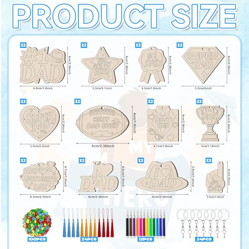 Cinrobiye 24 Sets Father's Day Keychain Craft Kit DIY Wooden Keychain Painting Set with Colored Pens for Kids Classroom Activities School Crafts Home Projects Party Favors - style: Dad