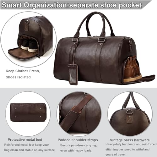 Genuine Leather Duffle Bag, Airline Approved Carry-On Multi Pocket Travel Bag for Clothes Laptop Sportswear, for Overnight Business Trip Gym Daily Use, Brown - color: Y94&22 45cm-BROWN