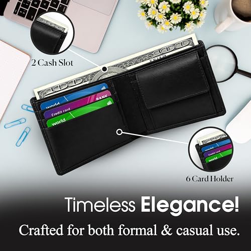 Top Grain, Real Leather Mens Bifold Wallet, RFID Blocking Front Pocket, Stylish Wallet, Gift Box (Bifold Wallet - Black)