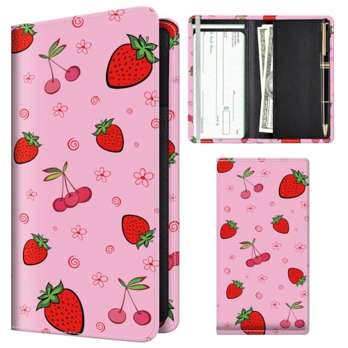 Checkbook Cover for Personal Checkbook, Cute Pu Leather Check Book for Women & Men, Slim Checkbook Holder with Pen Holder and Built-in Clear Plastic Divider, Pink Strawberry - color: Pink Strawberry