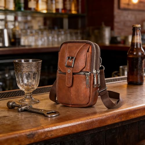 Multifunction Leather Messenger Bag Pure Handbag Fashion Pouch Shoulder Crossbody Bag Brown Genuine Cowhide Leather 4 Pockets 7.48 x 3.93 x 2.36 inches