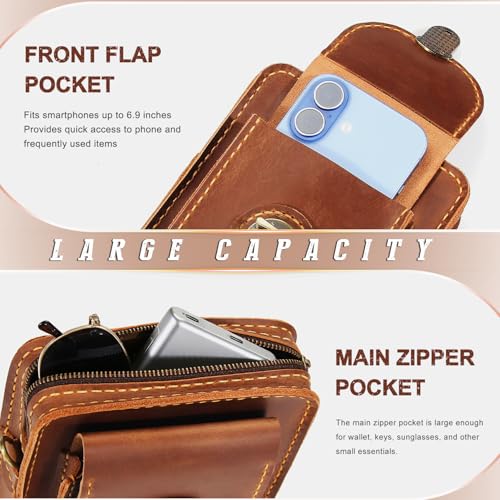 Handmade Leather Phone Holster Purse with Belt Loop, Small Crossbody Bag for Women Men, Phone Pouch With Card Wallet - color: Brown