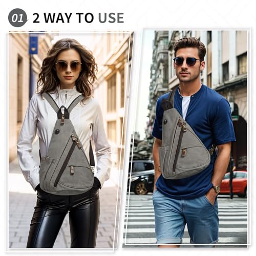 Canvas Sling Bag with Leather Zipper 3-in-1 Crossbody Backpack | Vintage Canvas Sling Bag for Women Men Convertible Cross Body Bag Multiple Zipper Pockets for Travel Daily Use - color: Gray