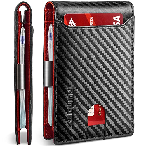 RUNBOX Slim Wallet for Men - RFID Blocking Leather Bifold with Money Clip | Minimalist Front Pocket Wallet Holds 11 Cards,Slim Thin Design,RFID Blocking Protection, Practical Birthday Gifts for Men - color: Carbon Black&Red
