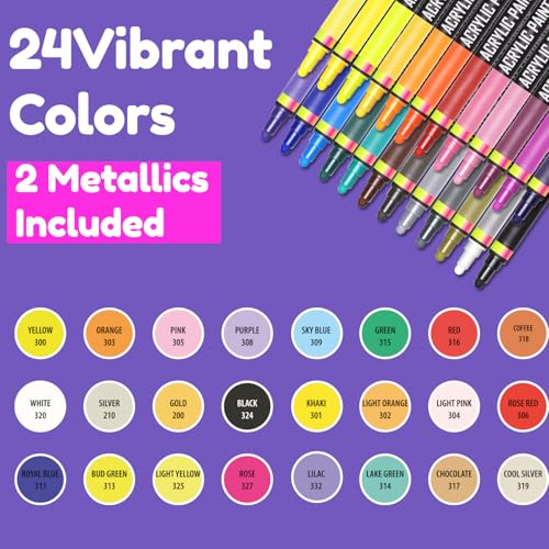 CHALKY CROWN Dual Tip Acrylic Paint Markers - Assorted - 24 Pack | Dual Fine & Dot Tips for Rock Painting, Wood, Fabric & Glass - Water-Based Non-Toxic Ink - Vibrant Assorted Colors - style: 6mm - 24 Pack