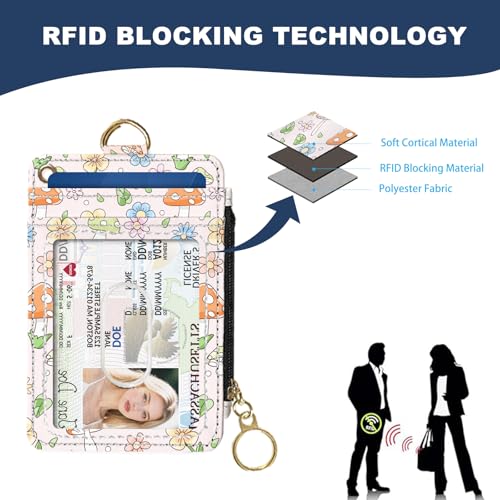 Slim Wallet Credit Card Holder, Mushrooms And Flowers, RFID Wallet Women Cute Small Front Pocket Wallet With Zipper, PU Leather Thin travel RFID Blocking Card Case ID Window,Ladies Gifts - color: Mushrooms And Flowers