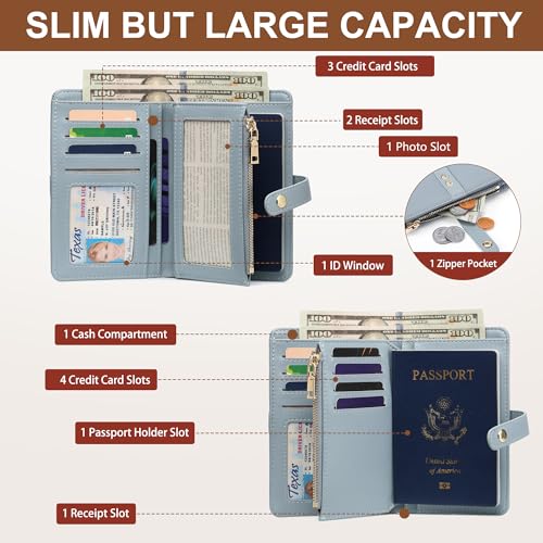 Small Wallet Women RFID Blocking Vegan Leather Slim Thin Bifold Credit Card Wallet Passport Holder Ladies Travel Wallet Mini Purse with Zipper Pocket - color: Blue