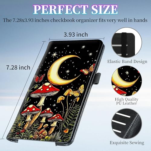 Checkbook Cover for Duplicate Checks,Slim Durable RFID Blocking Checkbook Credit Card Holder for Personal and Business Checks-Red Mushroom Moon - color: Red Mushroom Moon