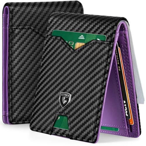 GSOIAX Slim Wallet for Men Rfid Blocking Leather Bifold Front Pocket Carbon Fiber Men's Money Clips Credit Card Holder With Gift Box - color: Carbon Black and Purple