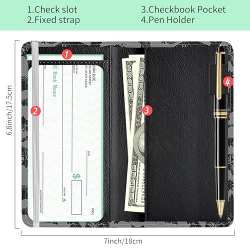 Checkbook Cover for Personal Checkbook, Cute PU Leather Check Book for Women & Men, Slim Checkbook Holder with Pen Holder and Built-in Clear Plastic Divider Gray Bats - color: Gray Bats