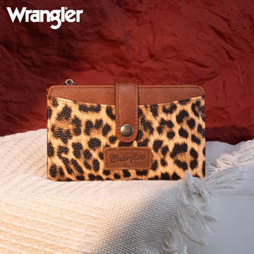 Wrangler Wallet for Women Bifold Card Holder with Zipper and ID Window - color: Leopard Print