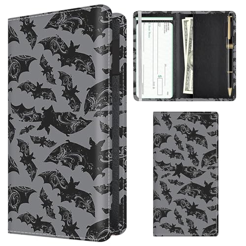 Checkbook Cover for Personal Checkbook, Cute PU Leather Check Book for Women & Men, Slim Checkbook Holder with Pen Holder and Built-in Clear Plastic Divider Gray Bats - color: Gray Bats