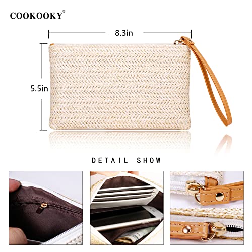 COOKOOKY Womens Straw Clutch Bag Bohemian Summer Beach Straw Purse Zipper Wristlet Wallets for Women - color: Beige-white